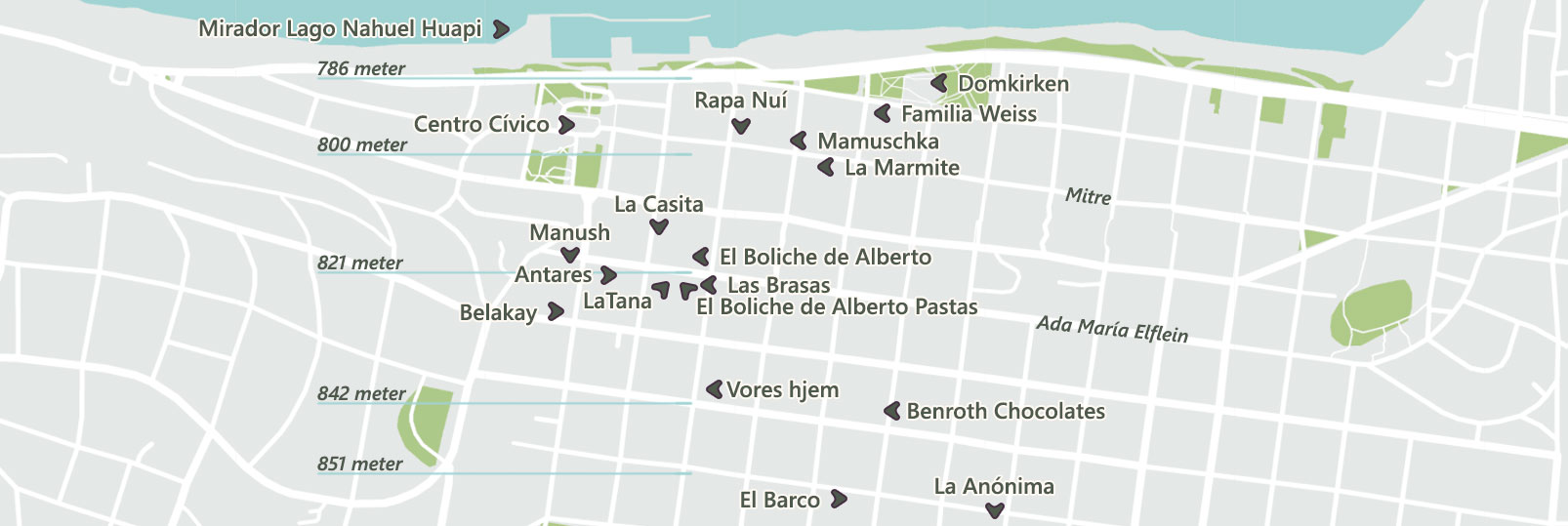 Bariloche centrum med højde angivelse